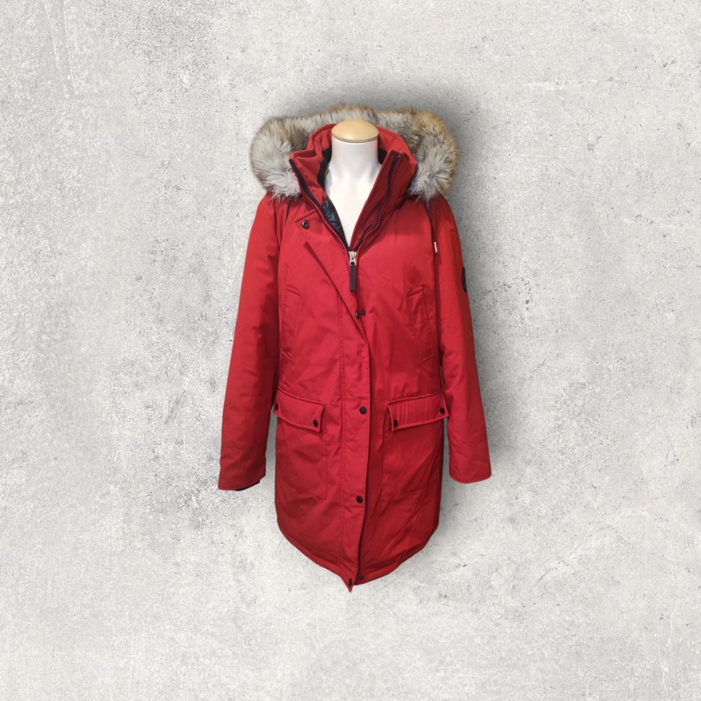 Women's Red Parka with Faux Fur Hood